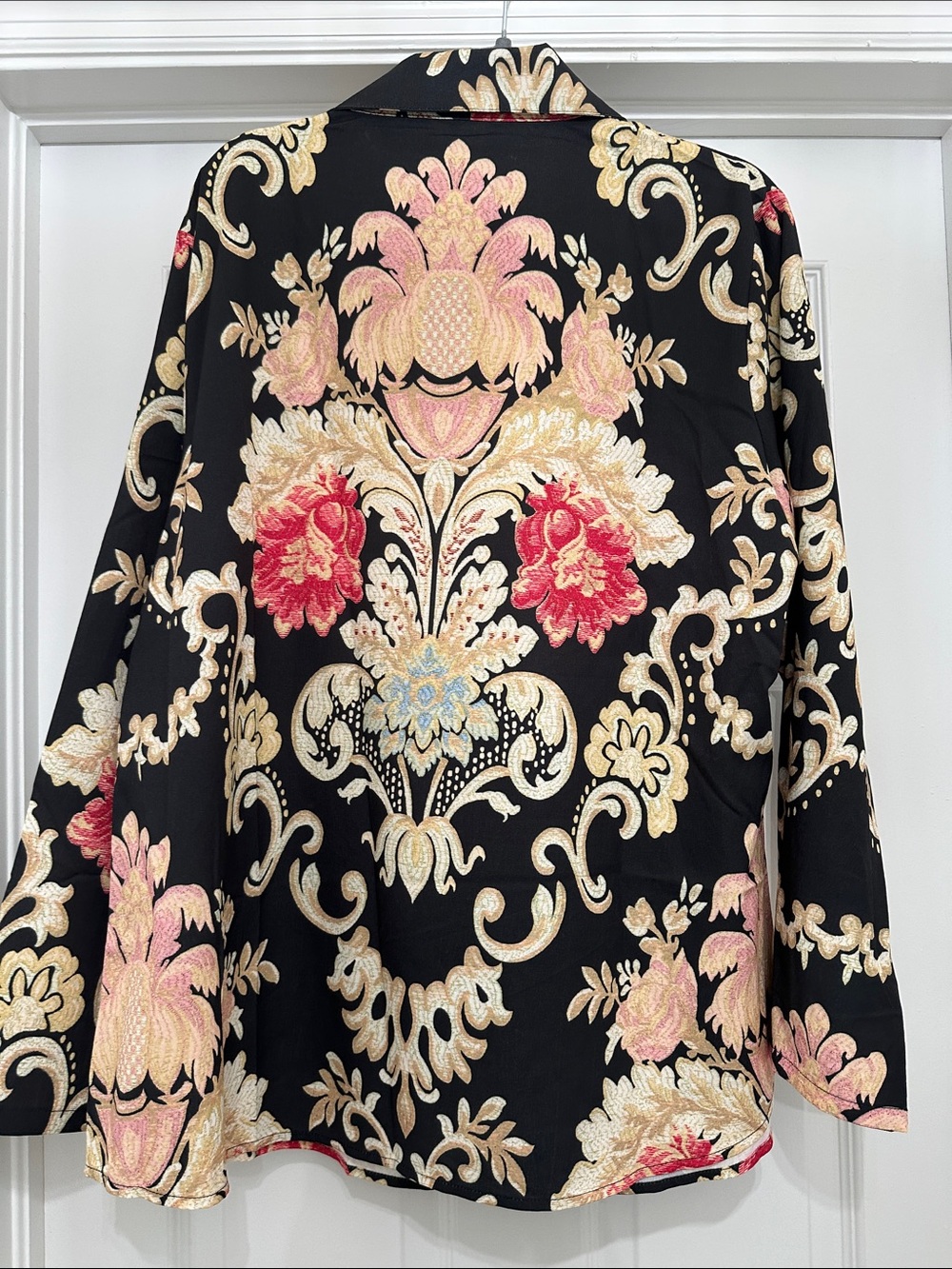 SHEIN Black Floral Baroque Button-Up Blouse with Red & Cream Accents - Picture 5 of 5